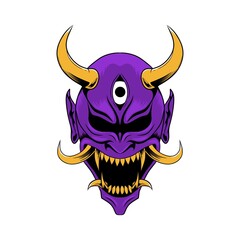 Oni Traditional Japanese Demon Mask with Purple Skin,Demon Eye and Long Horn Illustration. Mask Designs for T-shirts, Tattoos, Stickers, Gaming Logos or Posters