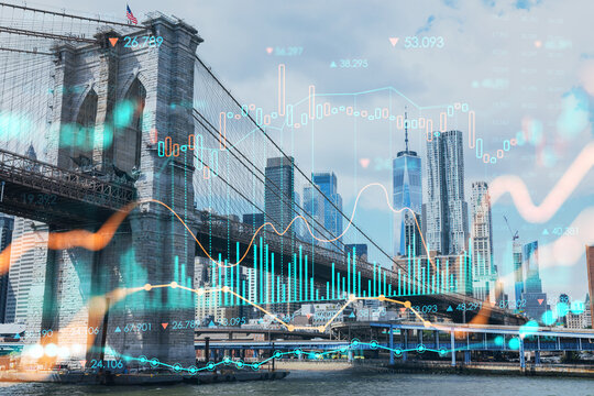 Fototapeta Brooklyn bridge with New York City Manhattan, financial downtown skyline panorama at day time over East River. Forex graph hologram. The concept of internet trading, brokerage and fundamental analysis