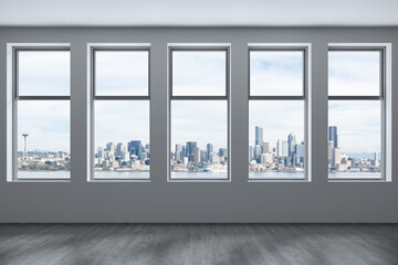Fototapeta premium Empty room Interior Skyscrapers View. Cityscape Downtown Seattle City Skyline Buildings from High Rise Window. Beautiful Real Estate. Day time. 3d rendering.