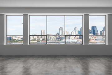 Naklejka na ściany i meble Empty room Interior Skyscrapers View. Cityscape Downtown Seattle City Skyline Buildings from High Rise Window. Beautiful Real Estate. Day time. 3d rendering.