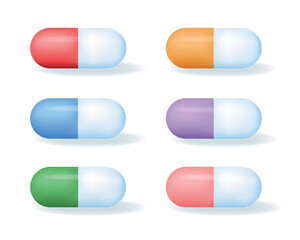 Multicolored Medicine pills, capsules or drugs. Healthcare and medicine concept. 3d medicament vector icons isolated on white background.