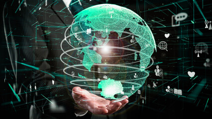 Businessman show hologram of global network communication allusive technology. Virtual augmented reality generated by 3D rendering motion graphic and animation to create futuristic HUD .
