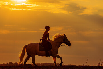 silhouette of a young woman riding a horse with the big sun overhead