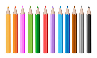 3d realistic multicolored pencil collection. Volumetric wooden objects for writing and drawing. Stationery tool. Back to school vector illustration isolated on white background.