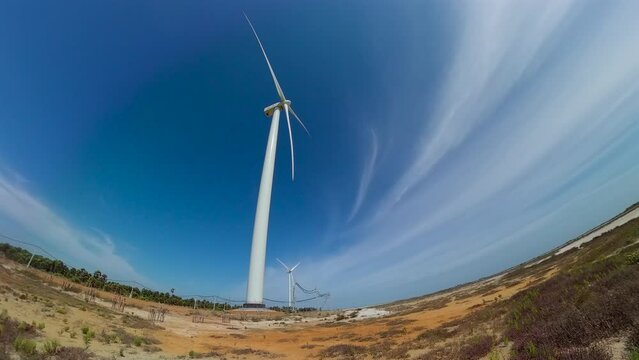 Aerial view of Group of windmills for renewable electric energy production. Sri Lanka. Wind Power Station.