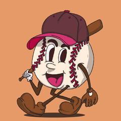 baseball walking mascot vector illustration with face. for vintage retro logos and branding. funky vintage style cartoon face vector illustration