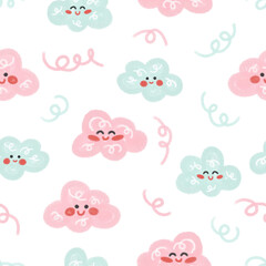 A gentle and soft children's vector pattern in a cute Scandinavian style. Smiling watercolor blue and pink clouds on a white background for babies, newborns, textiles, wrappers, postcards, decor