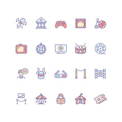 Set of entertainment icons in filled outline style.
