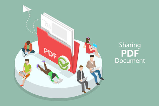 3D Isometric Flat Vector Conceptual Illustration of PDF Document, Digital File Sharing