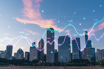 Chicago skyline from Butler Field to financial district skyscrapers at sunset, Illinois, USA....