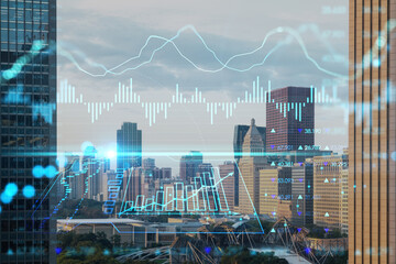 Obraz na płótnie Canvas Aerial city panorama, Chicago downtown and Millennium Park, day time, Illinois, USA. Forex graph hologram. The concept of internet trading, brokerage and fundamental analysis