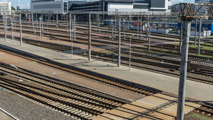 Top perspective view on many railway track lines. Railway, railroad track. Cargo and journey concepts.