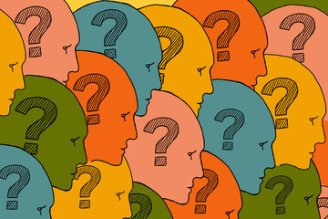 Human faces with question marks inside. FAQ. Frequently Asked Questions.