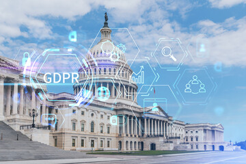 Obraz na płótnie Canvas Capitol dome building exterior, Washington DC, USA. Home of Congress and Capitol Hill. American political system. GDPR hologram, concept of data protection regulation and privacy for all individuals