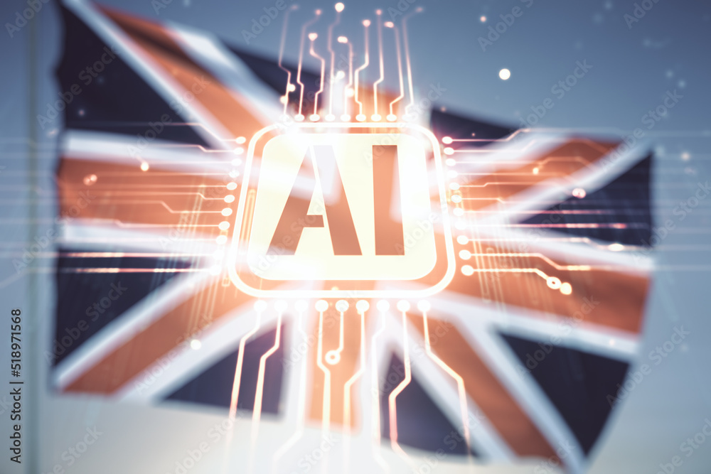 Aufkleber abstract virtual artificial intelligence symbol hologram on flag of great britain and sunset sky bac