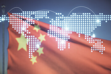 Double exposure of abstract digital world map hologram with connections on flag of China and sunset sky background, research and strategy concept