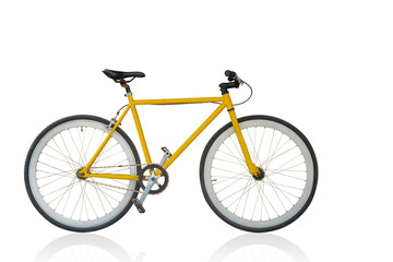 Seitenansicht gelbes und schwarzes Fahrrad auf weißem Hintergrund, Objekt, Mode, Sport, Relex, Dekor, Geschenk, Kopierraum