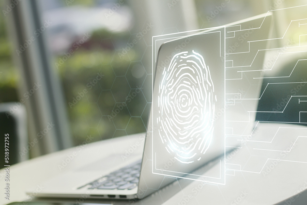 Poster Multi exposure of abstract fingerprint scan interface on computer background, digital access concept