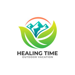 Healing Time Logo with Minimalist Mountain and Leaf Combination Design Concept.