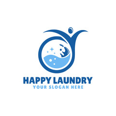 Happy Laundry Logo with Circle Wash Machine and People Shape Combination.