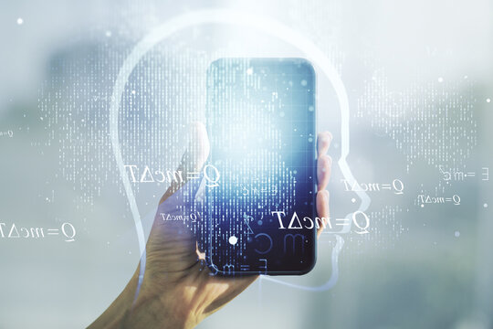 Creative artificial Intelligence concept with human head hologram and hand with phone on background. Multiexposure