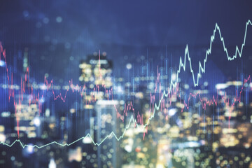 Multi exposure of virtual abstract financial graph interface on blurry skyscrapers background, financial and trading concept