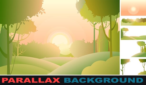 Rural beautiful landscape. Set parallax effect. Cartoon style. Set parallax effect. Sunset Hills with grass and forest trees. Cool romantic beauty. Flat design illustration. Vector