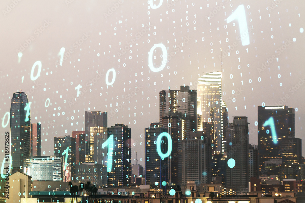 Leinwandbilder Abstract virtual binary code sketch on Los Angeles office buildings background, hacking and matrix concept. Multiexposure