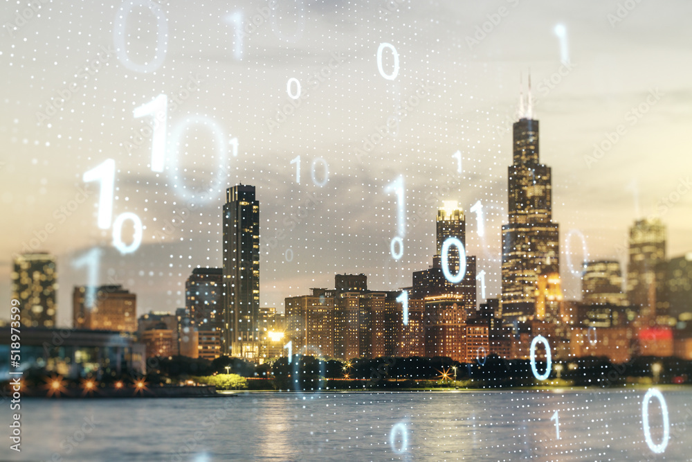 Poster abstract virtual binary code sketch on chicago office buildings background, hacking and matrix conce