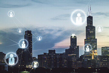 Double exposure of abstract virtual social network icons on Chicago city skyscrapers background. Marketing and promotion concept