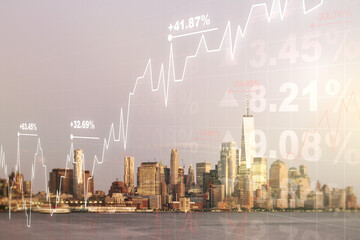 Multi exposure of virtual abstract financial graph interface on Manhattan cityscape background, financial and trading concept