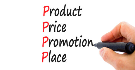 PPPP product price promotion place symbol. Concept words PPPP product price promotion place on white paper on beautiful white background. Business and PPPP product price promotion place concept.