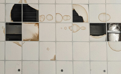 Destroyed shopping mall ceiling. Building repair. Roof leakage needs renovation.