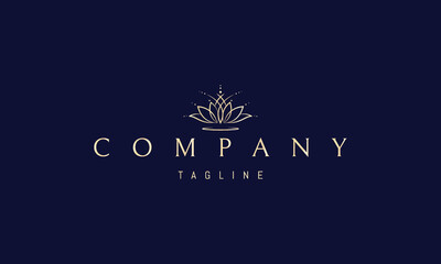 Vector golden logo on which an abstract image of a blooming lotus flower on a pond.