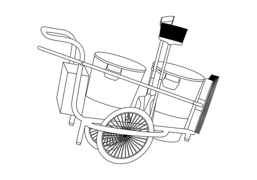 Trazado de carro de los servicios de la limpieza. Carro de barrendero con dos cubos, cepillo, escoba y recogedor