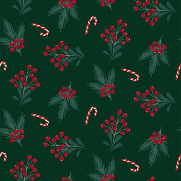 Christmas tree branches and berries seamless pattern. Winter holidays green wrap paper design