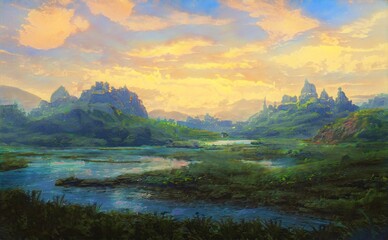 fantasy background, beautiful acrylic painting, stylized painting, unusual fantasy landscape, landscape painting, abstract landscape