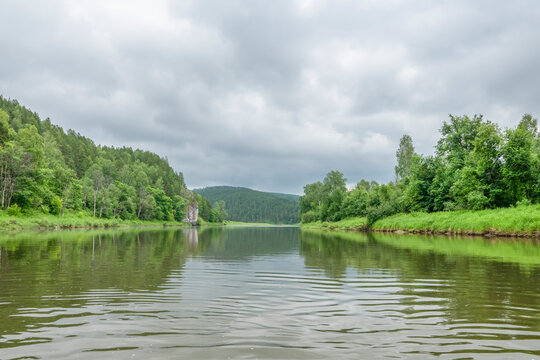 Catamaran rafting on the Yuryuzan River in Bashkiria among the Ural Mountains