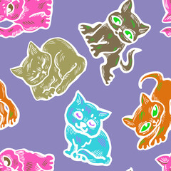 Cute cats pattern for wallpaper, wrapping paper, textile fabric print, pet shop, baby shower, kids room, children theme background. Decorative colourful hand drawn illustration.  Line vector drawing.