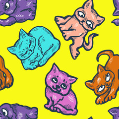 Cute cats pattern for wallpaper, wrapping paper, textile fabric print, pet shop, baby shower, kids room, children theme background. Decorative colourful hand drawn illustration.  Line vector drawing.