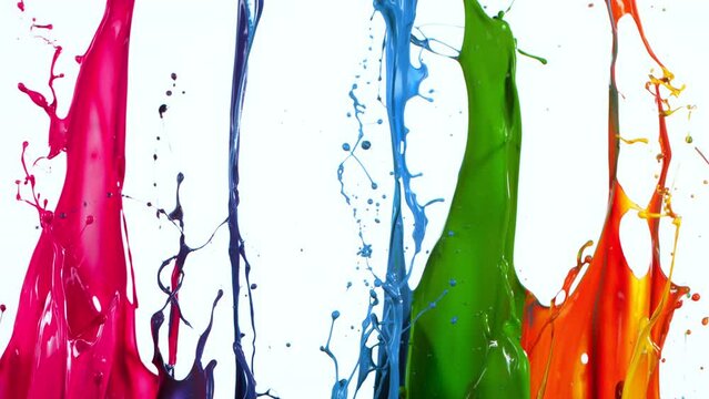 Colorful Paint Splashes in Super Slow Motion Isolated on White Background, 1000fps.