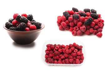 Raspberry, blackberry and mint leaf in ceramic brown bowl isolated on white