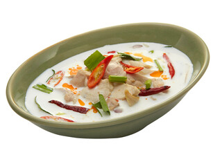 Thai coconut chicken soup Thai people call Tom Kha Gai Thailand Isolated on white background.