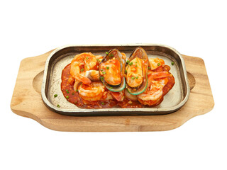 fried seafood with chili sauce on hot pan Isolated on white background.