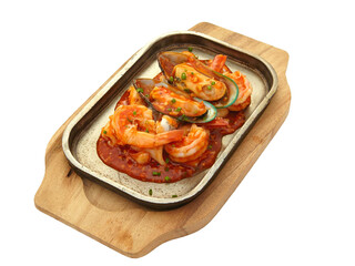 fried seafood with chili sauce on hot pan Isolated on white background.