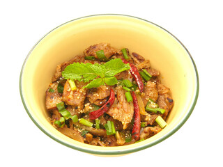 Spicy Grilled Pork Salad (Moo Yang Nam Tok) isolated on the white background , Traditional Thai food recipe