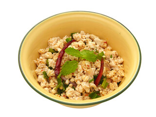 Larb moo - Spicy Minced Pork Salad,white background,top view