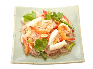 Deurstickers Glass noodle salad delicious spicy glass noodles on the white background with clipping path.thai called " yum woon sen" © ChefsDan