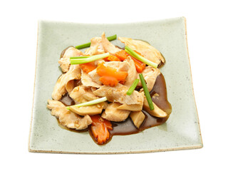 Stir fried chicken with oyster sauce and mushroom, carrot, spring onion.