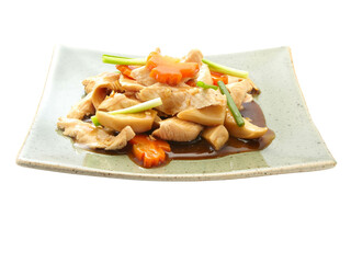 Stir fried chicken with oyster sauce and mushroom, carrot, spring onion.